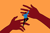 Young man climbing helping hands, illustration