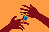 Young woman climbing helping hands, illustration