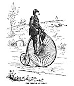Man riding penny-farthing, 19th century illustration