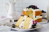 A blueberry sponge cake in a white kitchen