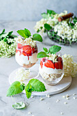 Schichtdessert mit Vanillebiskuit, Frischkäse, Erdbeeren und Holunderblütensirup