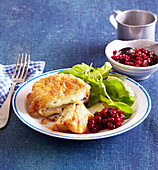 Baked camembert with ham and cranberry jam