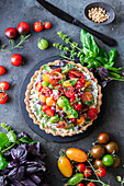 Tomato ricotta pie with herby ricotta filling (no bake) and marinated tomatoes