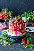 Strawberry tiramisu cake with pink chocolate icing, and freeze-dried strawberries