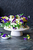 Vanilla buttercream cake with blueberries, decorated with violas