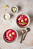 Beetroot soup with boiled eggs