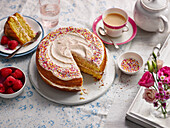 Pink lemonade cake with colorful sugar sprinkles
