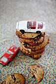 Chocolate chip cookies and toy cars
