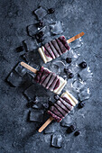 Blueberry creamy popsicles on ice