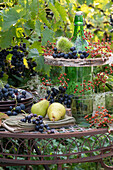 Etagere aus Flasche und Holzscheiben selbermachen: blaue Weintrauben, Birnen, Hagebutten und Maronen in Fruchthülle