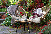 Acapulco armchair with fur and blanket on the patio, wild vine as privacy screen, small bouquet with roses and rose hips on the table, cat lying in the armchair