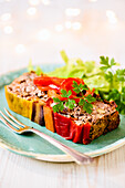 Vegetarian nut roast with carrots, peppers and sweet potatoes