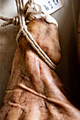 A raw ham hanging on a string (close-up)