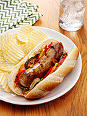 Grilled Italian Sausage link on a bun with sauteed bell peppers and onions and potato chips