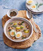 Sour potato soup with mushrooms and egg from Giant Mountains