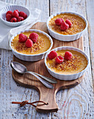 Caramel crème brûlée with raspberries
