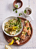 Salmon and zucchini shashlik with cous-cous salad