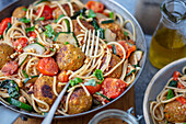 Carrot no-meat balls with pasta and vegetables