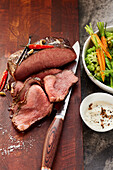 Beef sirloin with truffle remoulade and a warm vegetable salad