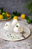 Lemon sorbet in bowl with thyme