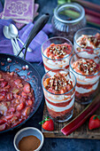 Rhubarb, strawberries, granola and yogurt dessert
