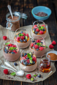 Flaxseed pudding with chocolate and berries