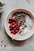 Chia pudding with cherries and homemade granola