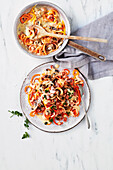 Carrot and pumpkin noodles with mushrooms and ham