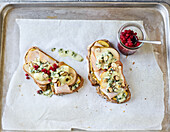 Roasted Gourmet sandwiches with sliced turkey, pears, and Gorgonzola