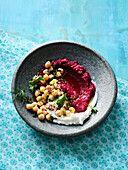 Oriental beetroot puree with chickpeas and labneh