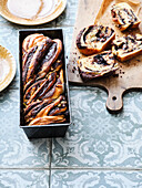 Chocolate-nut babka with pistachios and pine nuts