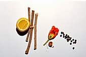 Fragrance notes for perfume (peppercorns, poppy blossom, wood and orange)