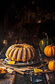 Pumpkin and orange babka cake pie with nuts and cinnamon