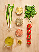 Ingredients for vegan lentil and tomato saucepan