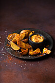 Kartoffelecken mit Räucherpaprika, Meersalzflocken und Harissa-Mayo