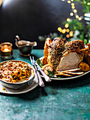 Herb butter-basted turkey crown and stuffing