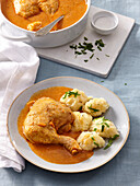 Chicken with pepper sauce and butter gnocchi