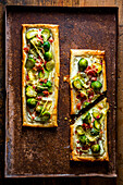 Brussels sprouts tart with goat cheese and bacon