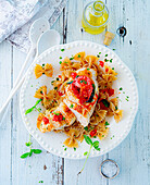 Farfalle with roasted chicken breast and tomato sauce