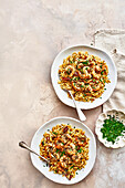 Zhoug-marinated prawn orzo