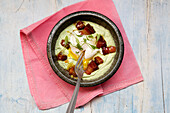 Indian avocado cream with bacon and a poached egg for brunch