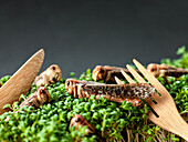 Edible insects – dried grasshoppers on cress