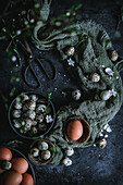 Quail's eggs and chicken eggs for Easter
