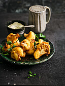 Cauliflower in smoked beer batter with wasabi vanilla dip