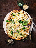 Dubbel flammkuchen with pears and lamb's lettuce