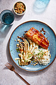 Glazed halibut with Chinese cabbage and kimchi
