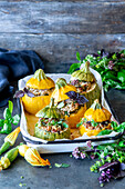 Round zucchini and summer squash stuffed with meat and pearl barley
