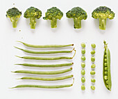 Broccoli, green beans, peas and peas in pod
