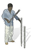 Man next to poles of fire reflector wall, illustration