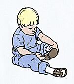 Boy putting on shoes, illustration